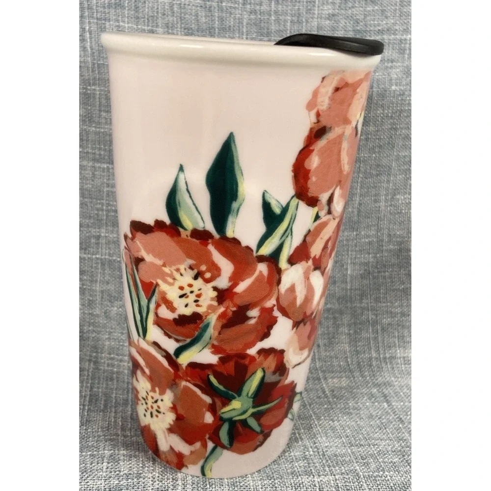 Starbucks 2015 Ceramic Travel Mug Tumbler Floral Poppy 10 oz. Black Plastic Lid